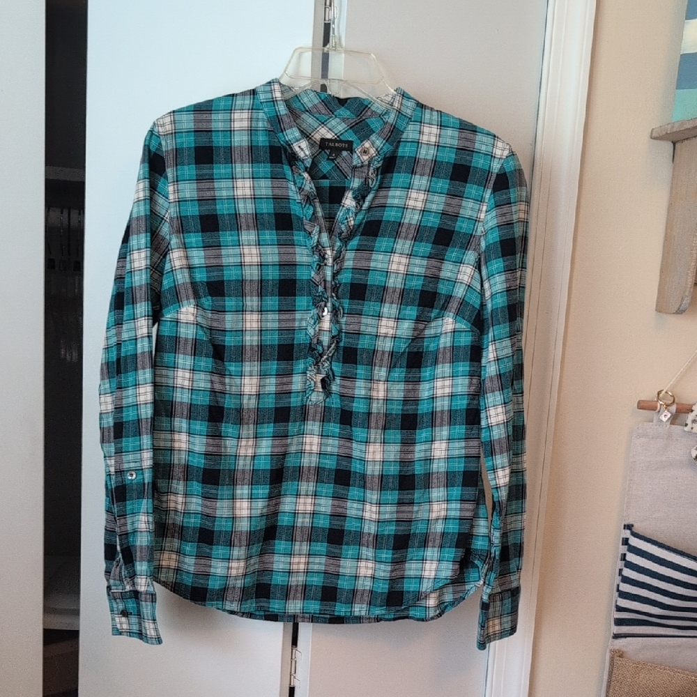 Talbots Teal and Black Plaid Shirt